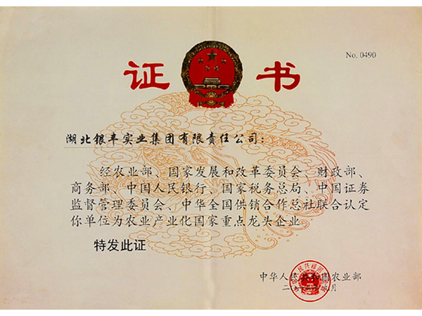 2012年 銀豐集團榮獲農業部頒發農業產業化重點龍頭企業稱號